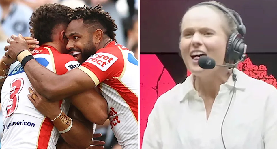 On the right is Emma Lawrence calling the Dolphins' NRL victory over the Sharks for Triple M.
