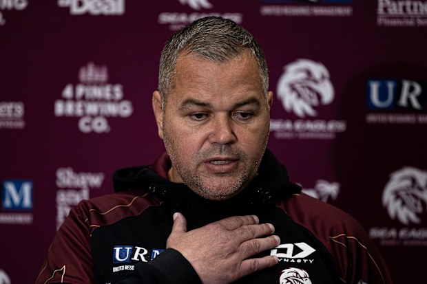 Coach of the Manly Sea-Eagles, Anthony Seibold addresses media at club headquarters in Brookvale, New South Wales, Thursday, 26 June 2025.   Photo: Sam Mooy / The Sydney Morning Herald