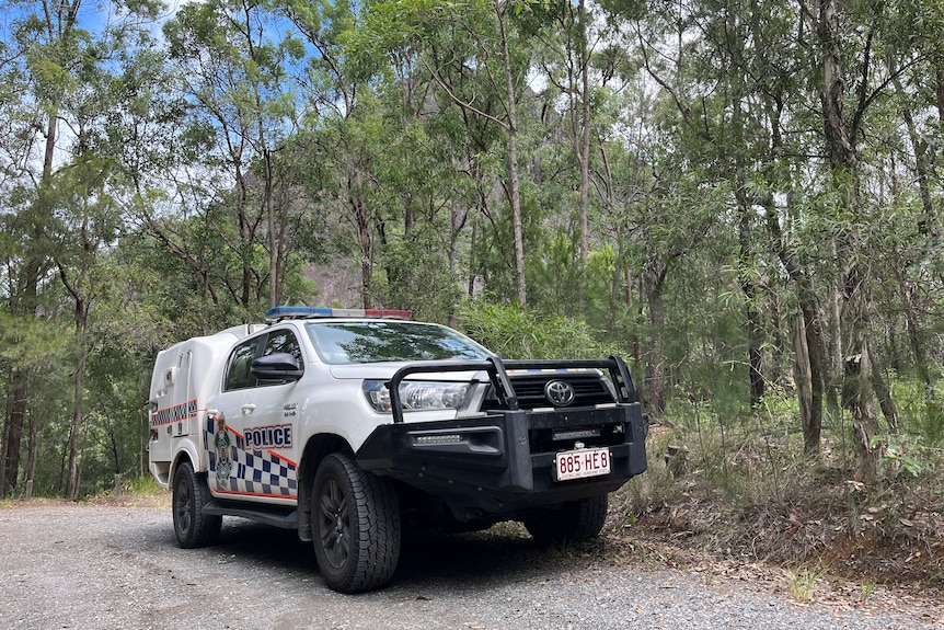 Police vehicle parked, bushland and mountain in the background.