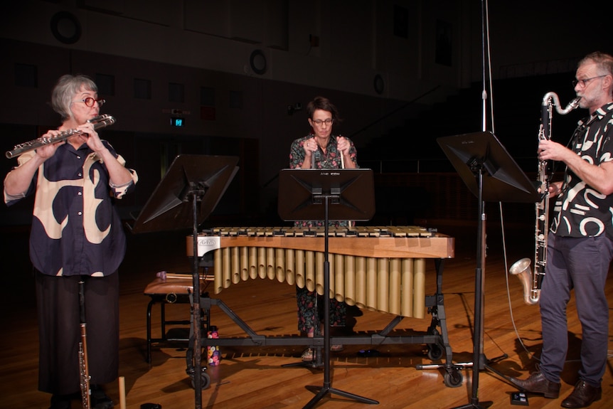Three musicians perform on marimba, flute and bass clarinet in an auditorium with sound recording equipment