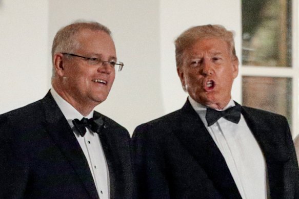 Former prime minister Scott Morrison pictured with US President Donald Trump during a White House state dinner in 2019.