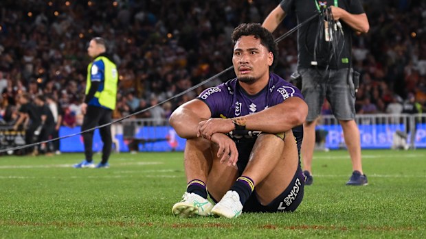 Eli Katoa reacts after losing the 2025 grand final against the Brisbane Broncos.