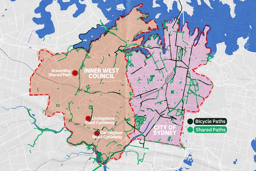 A map showing the disparity of cycleways and bike paths between City of Sydney and Inner West local government areas.