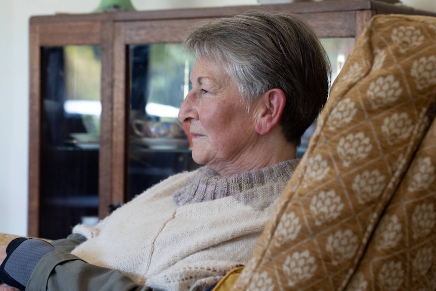 A grey-haired woman in a grey jumper sitting in a brown cushioned armchair.