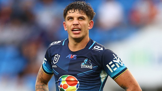 GOLD COAST, AUSTRALIA - MAY 31: Jayden Campbell of the Titans looks on during the round 13 NRL match between Gold Coast Titans and Melbourne Storm at Cbus Super Stadium, on May 31, 2025, in Gold Coast, Australia. (Photo by Chris Hyde/Getty Images)