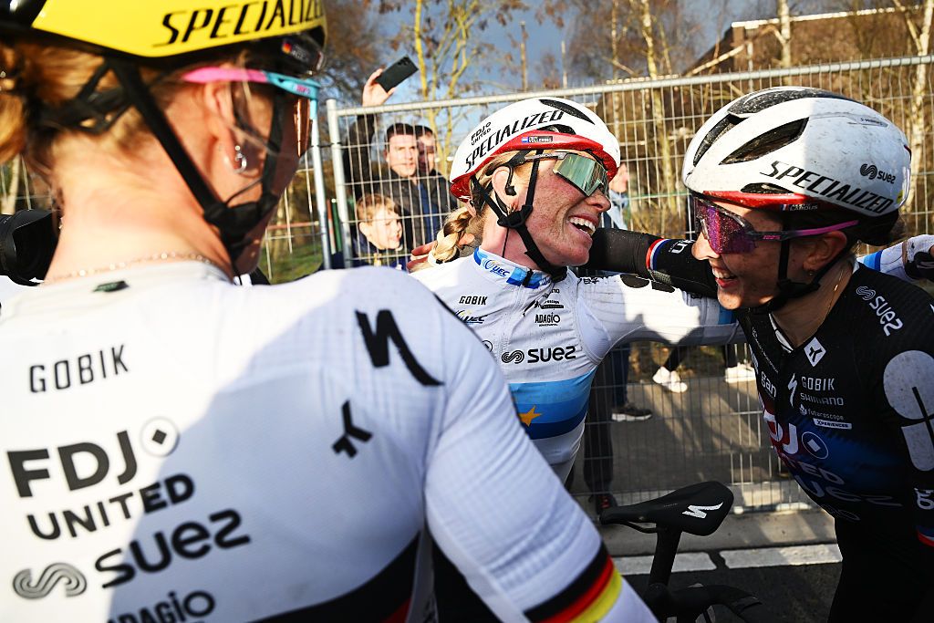 Demi Vollering celebrates winning Omloop Het Nieuwsblad after a masterclass from FDJ United-SUEZ