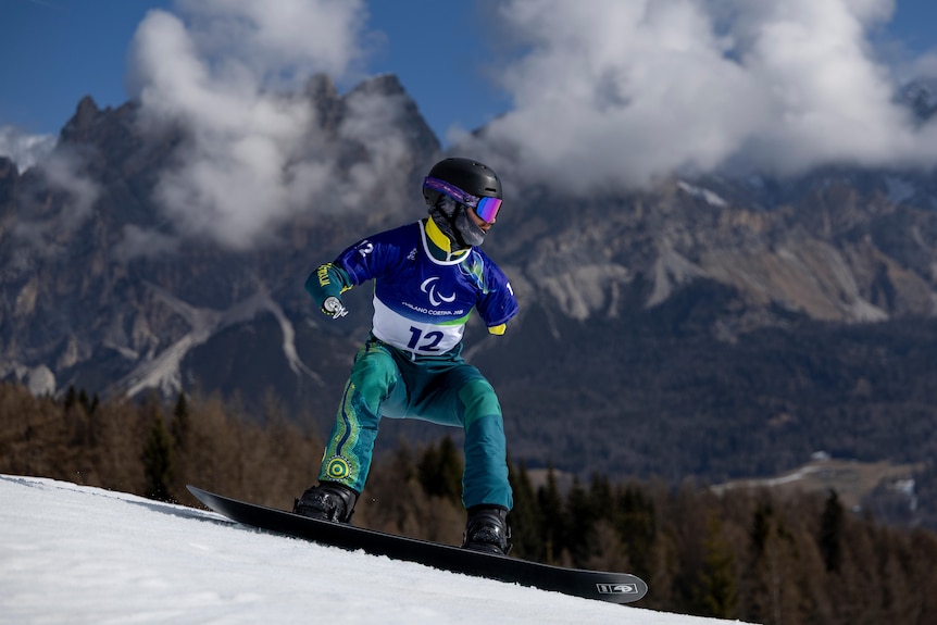Australia's Sean Pollard competing in the Para Snowboard Men's Banked Slalom SB-UL