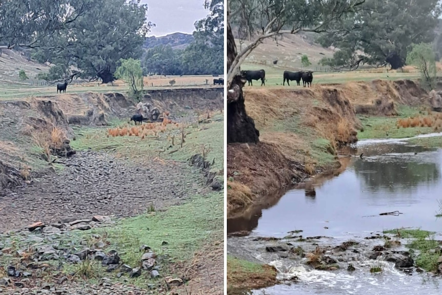 An image with a dry creek on the left and the same creek with water on the right.