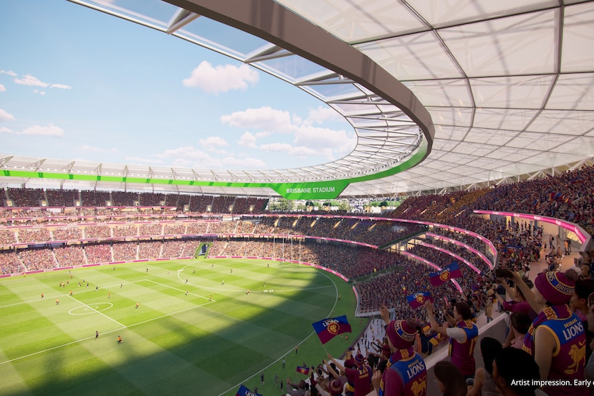 An artist impression of a stadium with people wearing lions jerseys in the seats. 