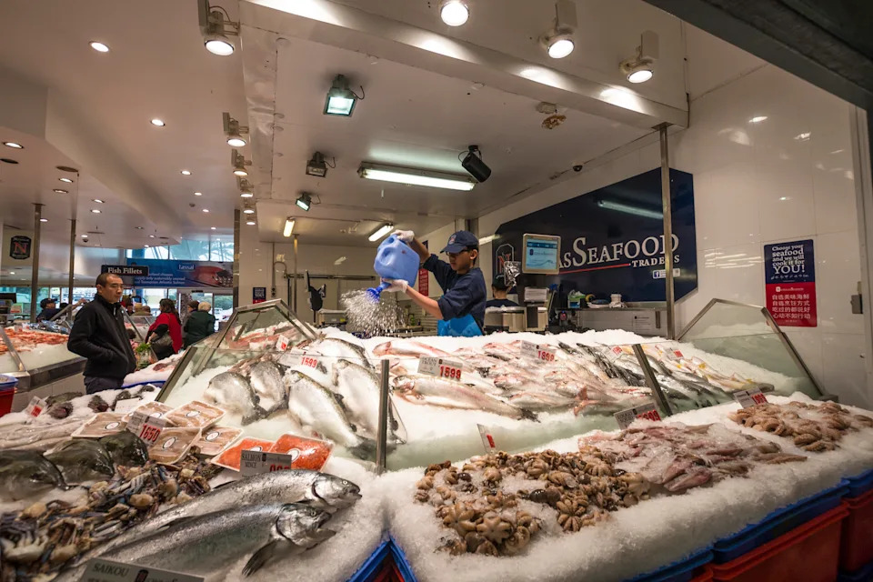  Sydney Fish Market. Market seller is watering the fish with a watering can to keep it fresh. 