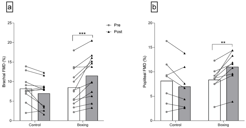 Brachial (a) and Popliteal (b) Endothelial Function after 6 weeks of boxing training in individuals with elevated blood pressure or stage 1 hypertension. FMD: flow-mediated dilation. (CREDIT: Sports)