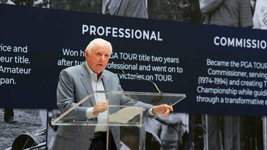 Former PGA TOUR Commissioner Deane Beman speaks at a town hall and dedication ceremony, honoring his trailblazing career with the dedication of the Deane Beman Den at the PGA TOUR Global Home. (Tracy Wilcox/PGA TOUR)