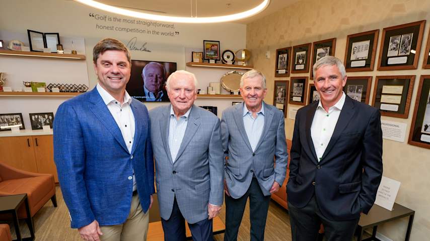 Brian Rolapp, Deane Beman, Tim Finchem and Jay Monahan pose in the newly named Deane Beman Den at the PGA TOUR Global Home. (Tracy Wilcox/PGA TOUR)