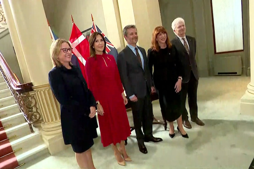 The Danish royals posed for a photo with the Victorian Governor, her partner and Victorian Premier Jacinta Allan.