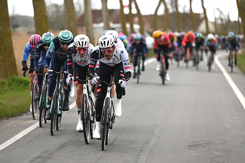 BRUGES, BELGIUM - MARCH 25: (L-R) Rui Oliveira of Portugal and Juan Sebastian Molano of Colombia and UAE Team Emirates - XRG competes during the 50th Ronde Van Brugge - Tour of Bruges 2026 - Men&amp;apos;s Elite a 202.9km one day race from Bruges to Bruges / #UCIWT / on March 25, 2026 in Bruges, Belgium. (Photo by Luc Claessen/Getty Images)