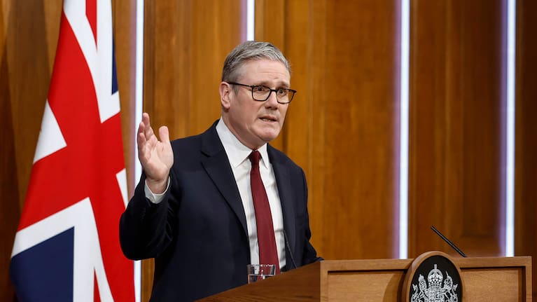 Britain's Prime Minister Keir Starmer speaks to the media at Downing Street, in London, March 16, 2026. 