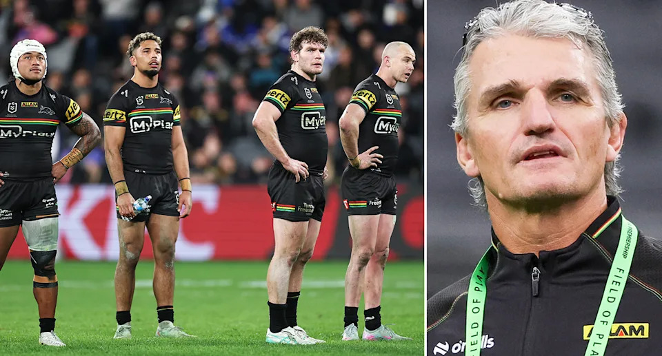 Ivan Cleary alongside Liam Martin and Panthers teammates.