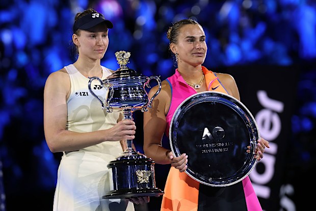 Winner Elena Rybakina poses with runner-up Aryna Sabalenka.