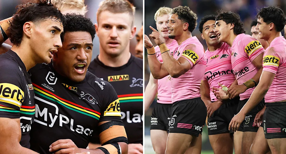 Panthers NRL star Izack Tago is pictured in the right image.
