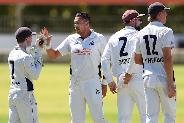 Scott Boland of Victoria celebrates the wicket of Teague Wylllie of Western Australia.
