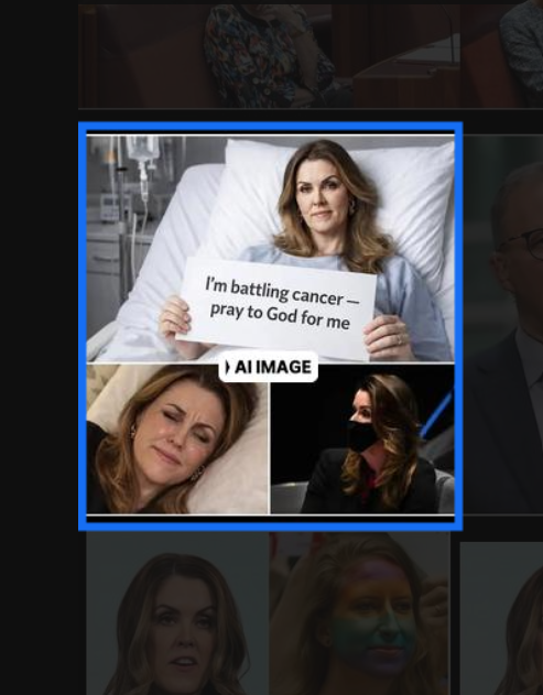Peta Credlin lies in bed holding a sign that says "I'm battling cancer. Pray for me"