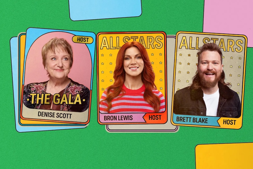Playing cards showing the hosts of the 2026 MICF galas.