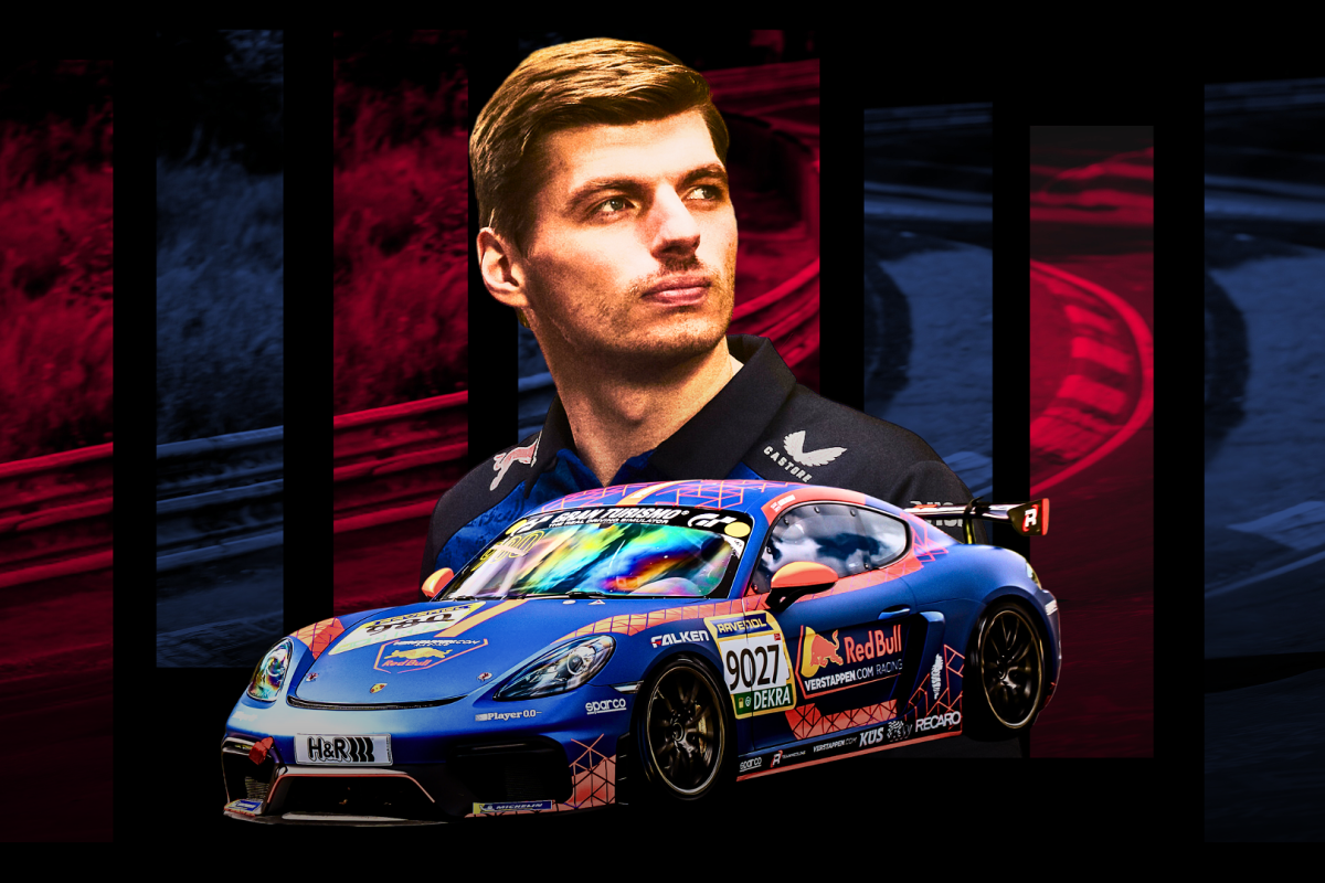 An edit of Max Verstappen positioned over a red and blue background of the Nurburgring and a GT3 car