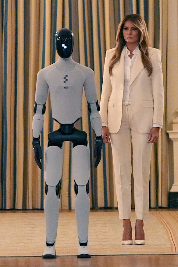 First lady Melania Trump arrives alongside humanoid robot, Figure 03.