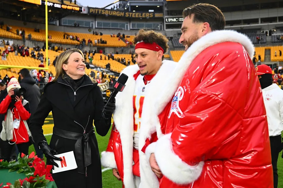 Patrick Mahomes #15 and Travis Kelce #87 of the Kansas City Chiefs speaks with a NETFLIX reporter after the game against the Pittsburgh Steelers at Acrisure Stadium on December 25, 2024 in Pittsburgh, Pennsylvania. Getty Images
