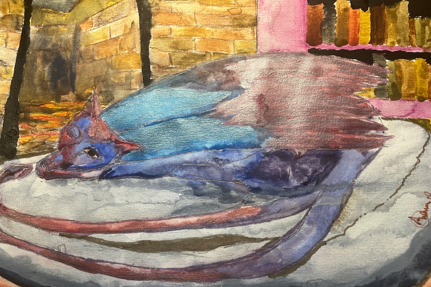 A watercolour painting of sleeping creature that appears to be half drag, half cat.