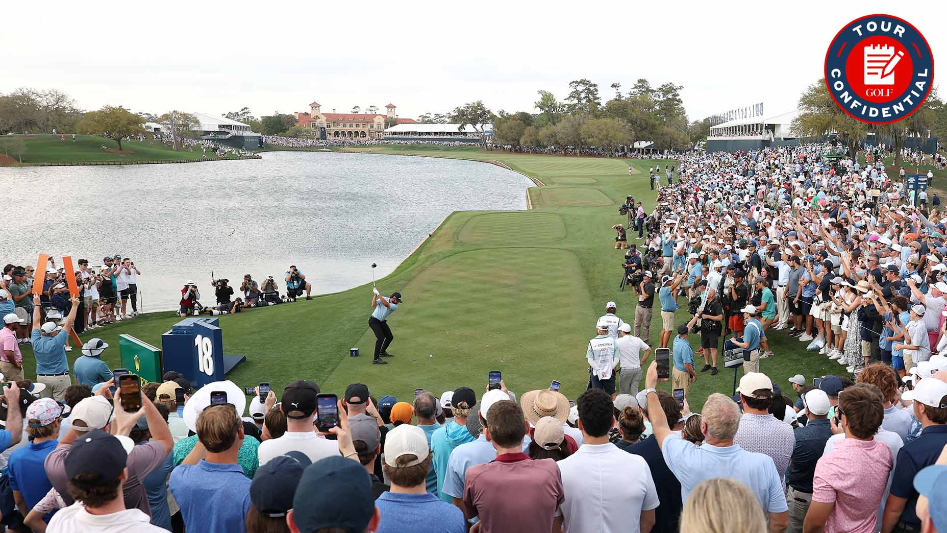 Cameron Young tees off on the 18th hole at TPC Sawgrass on Sunday at the Players Championship.