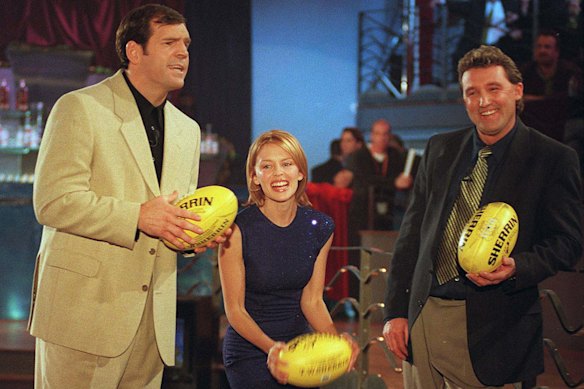 Kylie Minogue with Jason Dunstall and Doug Hawkins on Channel Seven’s Live and Kicking in the late 1990s.