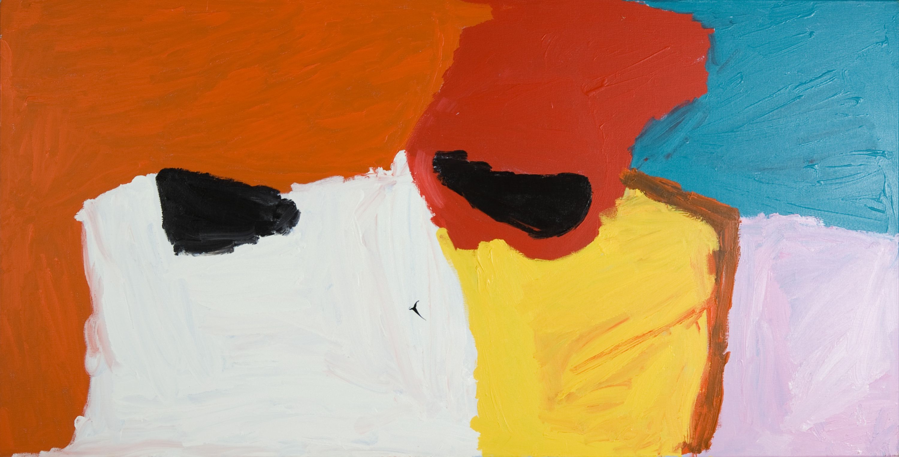 My Country by Sally Gabori. A large abstract painting with blocks of orange, white, red, yellow, blue, pink and black.