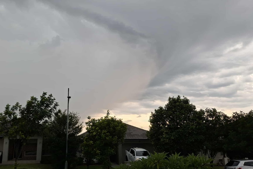 A large white and grey mass of clouds makes its way over houses and trees.