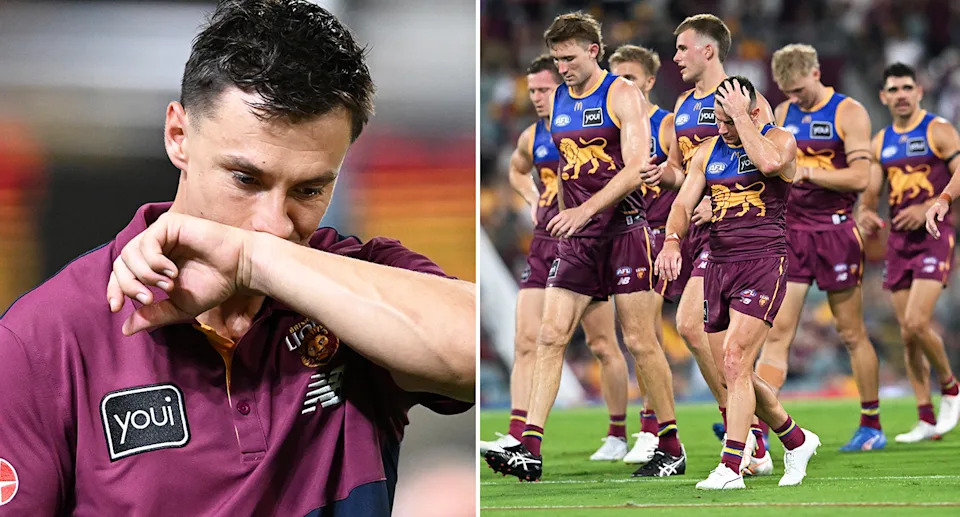 Hugh McCluggage and Harris Andrews with Brisbane Lions teammates.