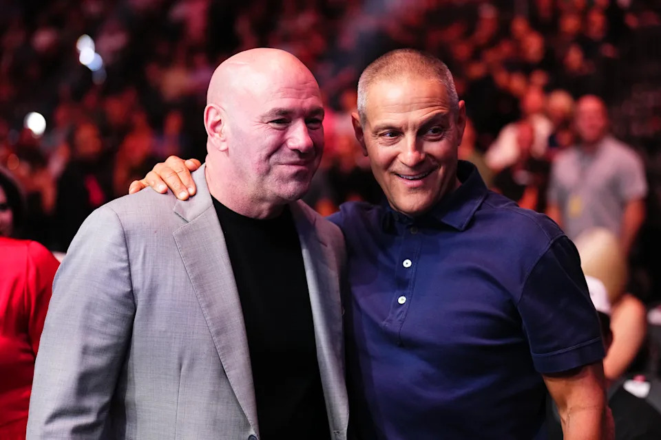 LAS VEGAS, NEVADA - JUNE 29: UFC CEO Dana White poses for a photo with TKO and Endeavor CEO Ari Emmanuel during the UFC 303 event at T-Mobile Arena on June 29, 2024 in Las Vegas, Nevada. (Photo by Chris Unger/Zuffa LLC via Getty Images)