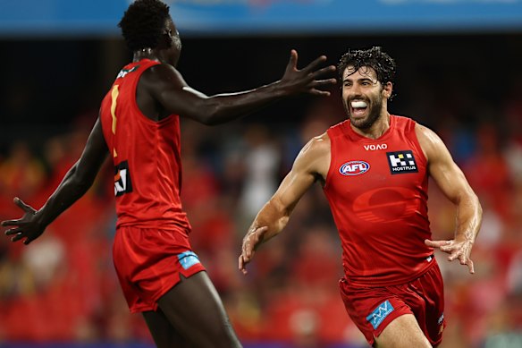 Christian Petracca (right) celebrates a goal with Mac Andrew. Both players have long-term security. 