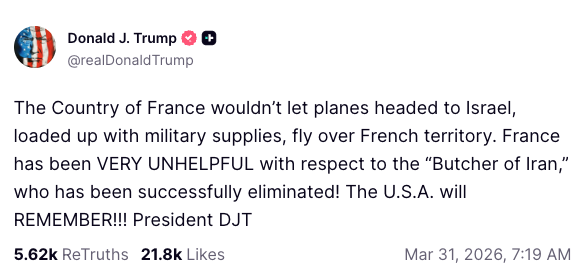 Donald Trump on Truth Social: "France has been VERY UNHELPFUL with respect to the “Butcher of Iran"".
