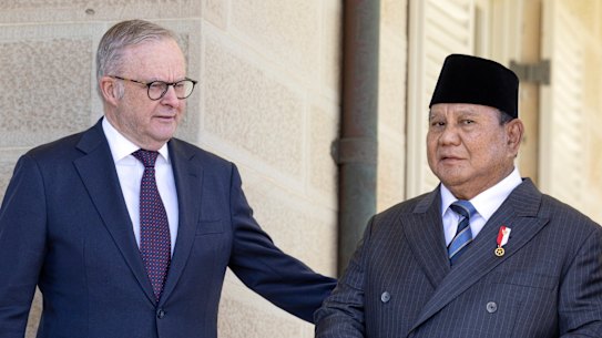 Prime Minister Anthony Albanese and Indonesian President Prabowo Subianto at Admiralty House today.
