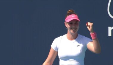 Talia Gibson celebrates are defeating Naomi Osaka at the Miami Open.