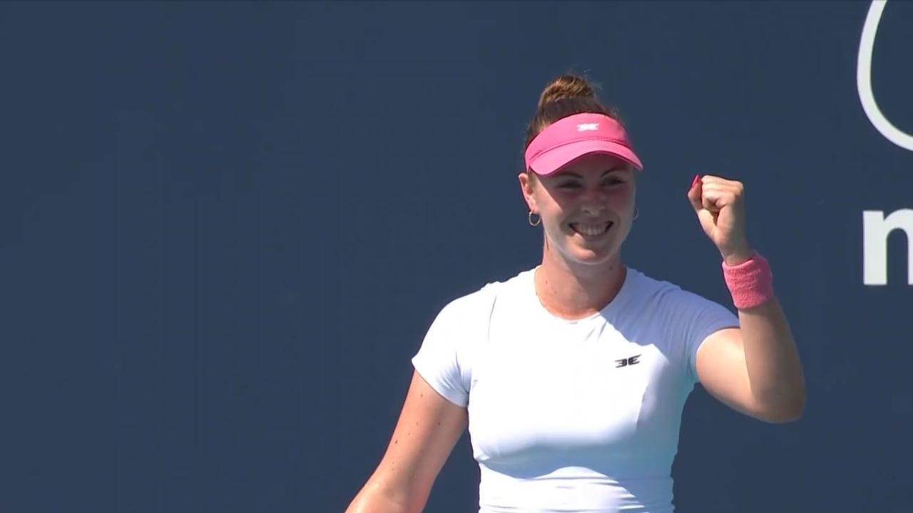 Talia Gibson celebrates are defeating Naomi Osaka at the Miami Open.