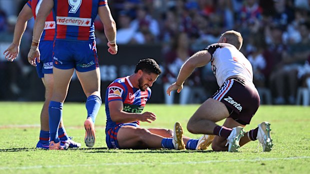 Dylan Brown injured his knee during Newcastle’s round two clash with Manly.