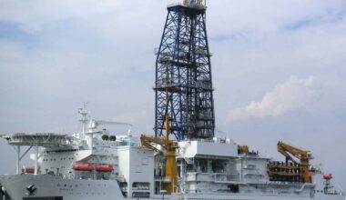Japanese drillship Chikyu conducting ultra deep sea drilling for rare earth elements near Minamitorishima Island