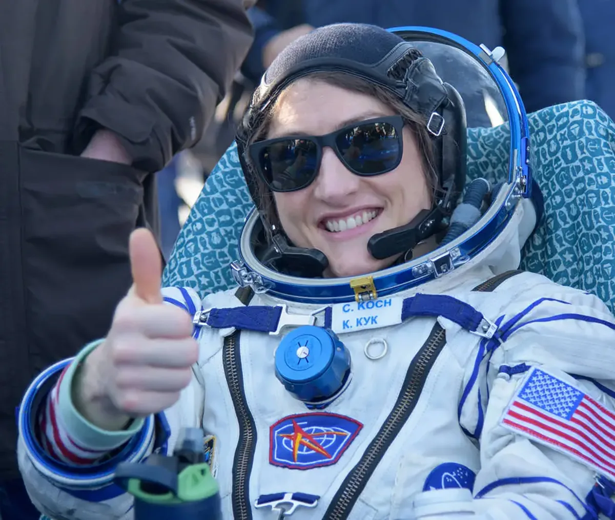 Christina Koch pictured shortly after landing back on Earth in 2020, following 328 days on the International Space Station. Credit: NASA