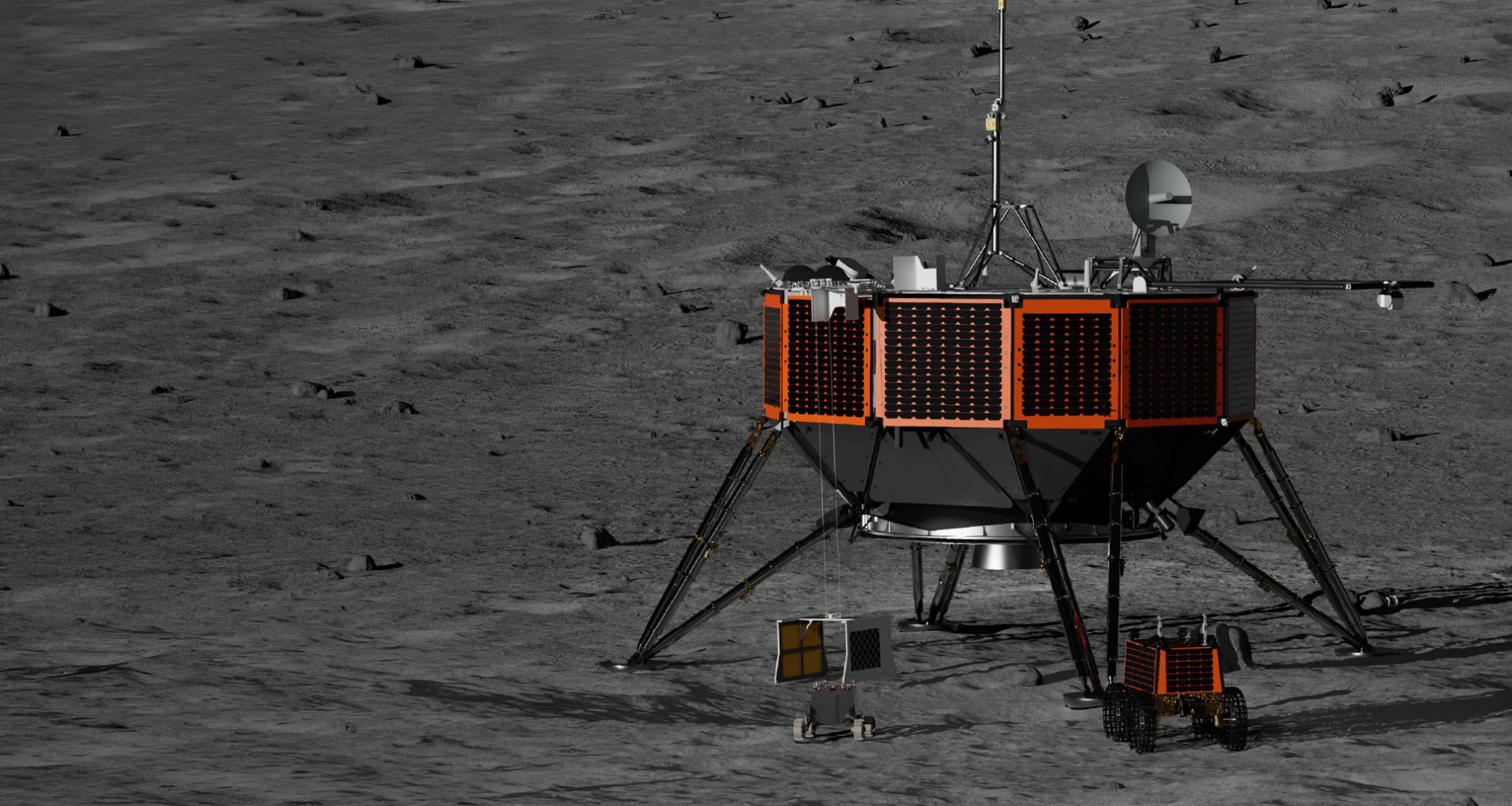 Rendering of the orange and black Nova-D lunar lander between two small lunar rovers on the dark gray surface of the Moon.