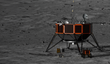 Rendering of the orange and black Nova-D lunar lander between two small lunar rovers on the dark gray surface of the Moon.