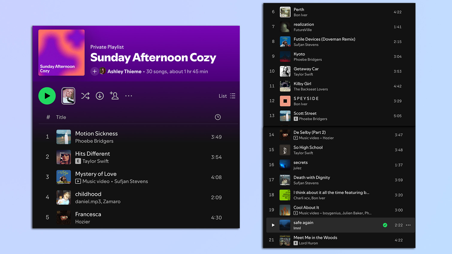 Screenshots from the Spotify app of a playlist created using ChatGPT