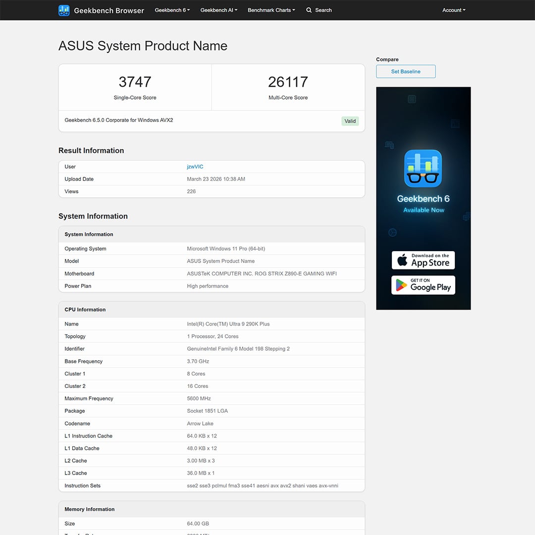 A screenshot of a Geekbench 6 entry for an Intel Core Ultra 9 290K Plus processor.
