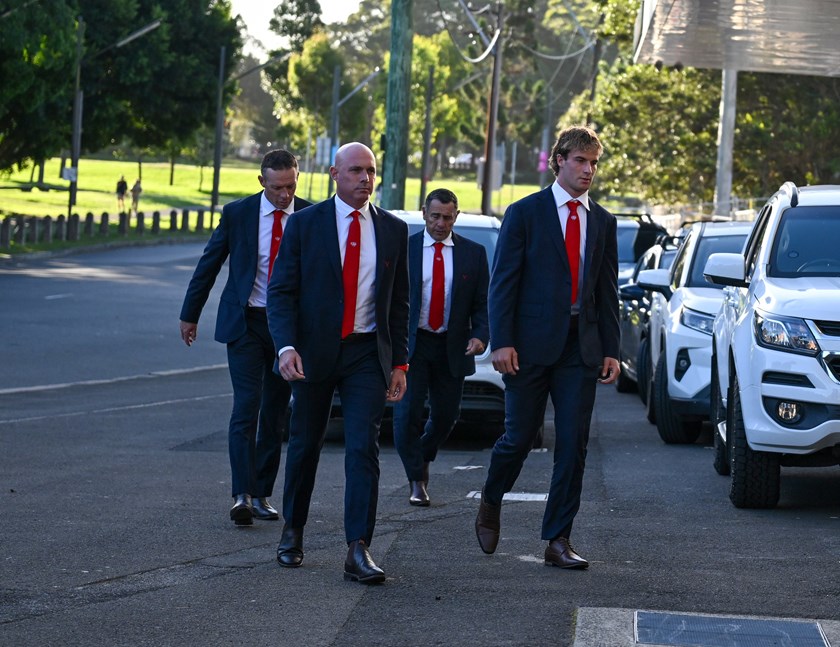 Dragons coach Shane Flanagan, CEO Tim Watsford and Head of Football Ben Haran arrive at NRL headquarters with Ryan Couchman.