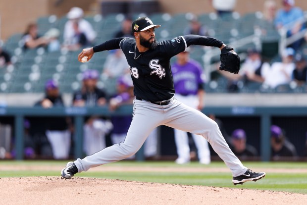 SCOTTSDALE, ARIZONA - FEBRUARY 23: Seranthony Domínguez #58 of the Chicago White Sox pitches during the spring training game against the Colorado Rockies at Salt River Fields at Talking Stick on February 23, 2026 in Scottsdale, Arizona. (Photo by Ric Tapia/Getty Images)